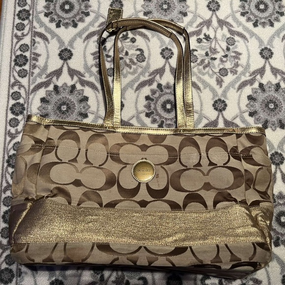 Coach Tan Canvas & Metallic Gold Leather Diaper Bag Tote Large - Picture 1 of 11